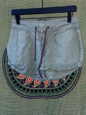 Sage Green Linen-Blend Drawstring Athletic Shorts